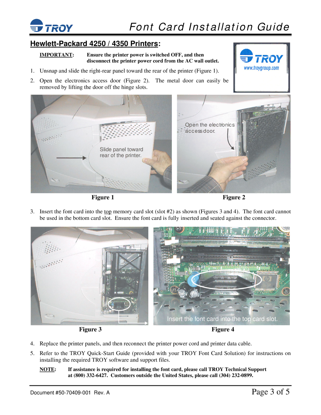 TROY Group HP 9050, HP 4250 / 4350 Hewlett-Packard 4250 / 4350 Printers, Insert the font card into the top card slot 