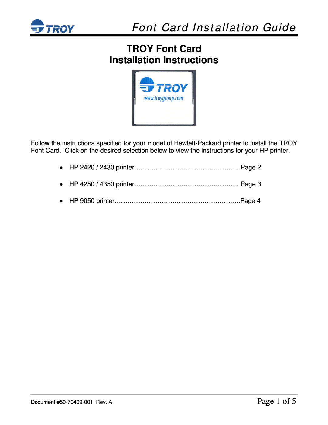 TROY Group HP 4250 / 4350, HP 9050, HP 2420 / 2430 installation instructions Font Card Installation Guide, Page 1 of 