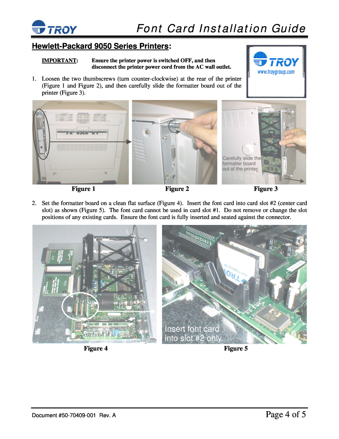 TROY Group HP 4250 / 4350 Page 4 of, Hewlett-Packard 9050 Series Printers, Font Card Installation Guide, Insert font card 