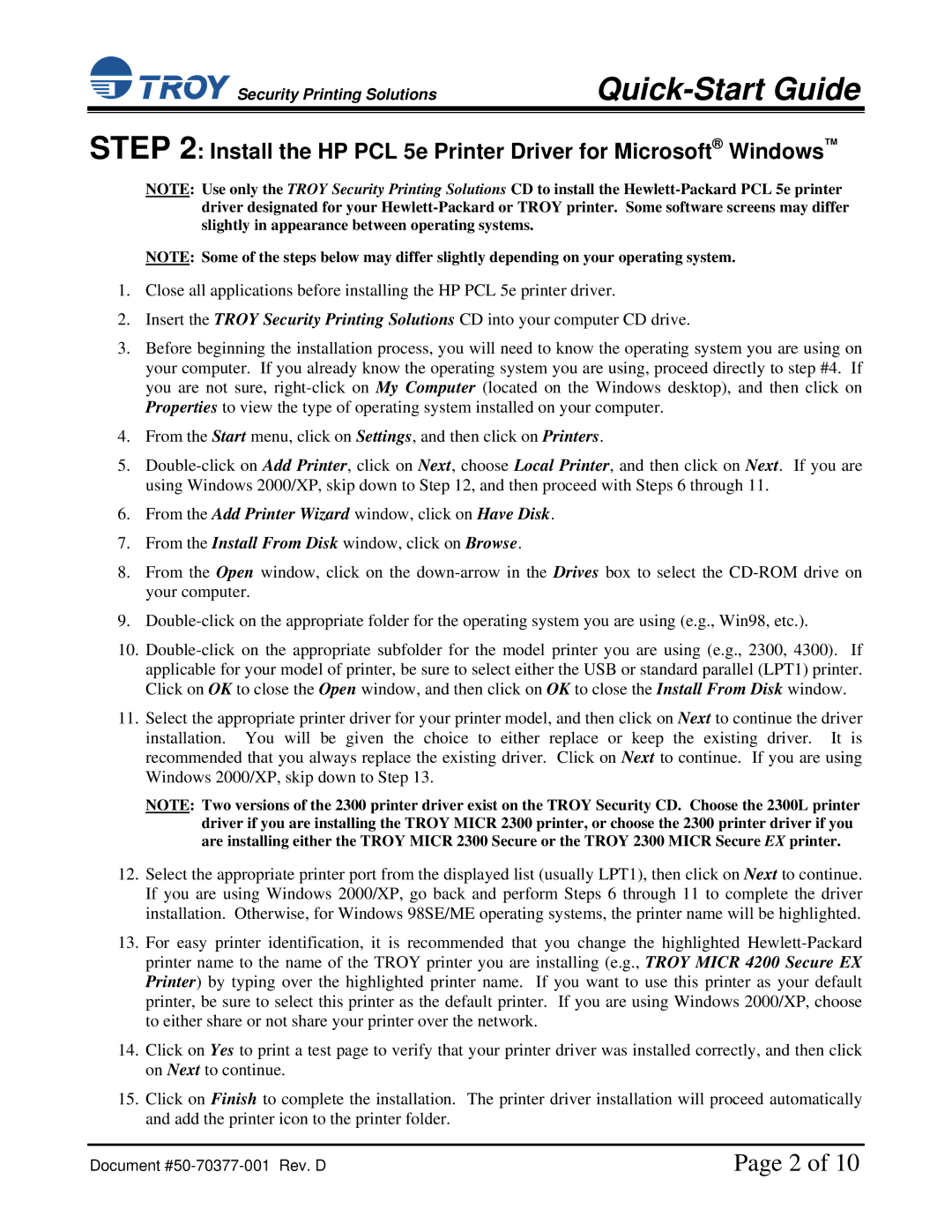 TROY Group IRD 4200 installation instructions Install the HP PCL 5e Printer Driver for Microsoft Windows 