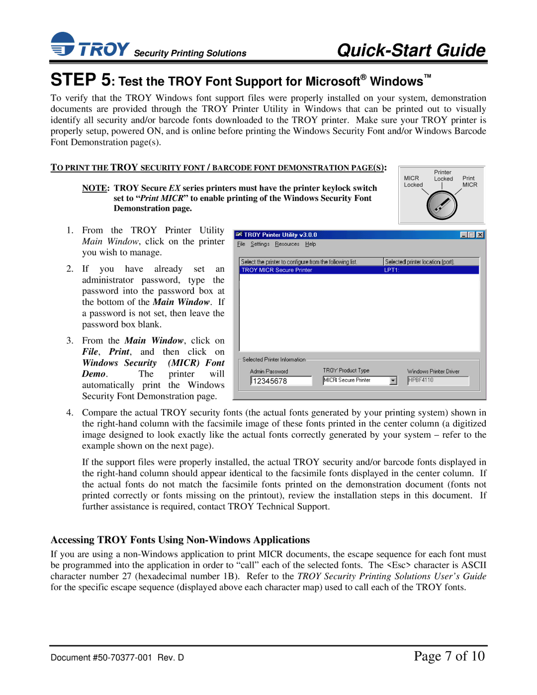 TROY Group IRD 4200 installation instructions Test the Troy Font Support for Microsoft Windows, Windows Security Micr Font 