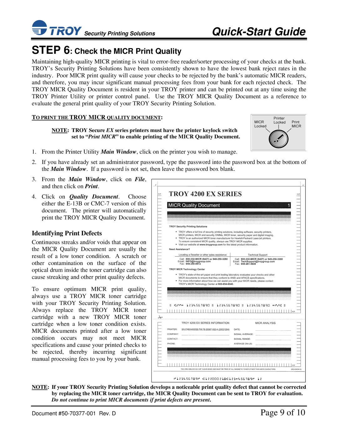 TROY Group IRD 4200 installation instructions Check the Micr Print Quality, Identifying Print Defects 