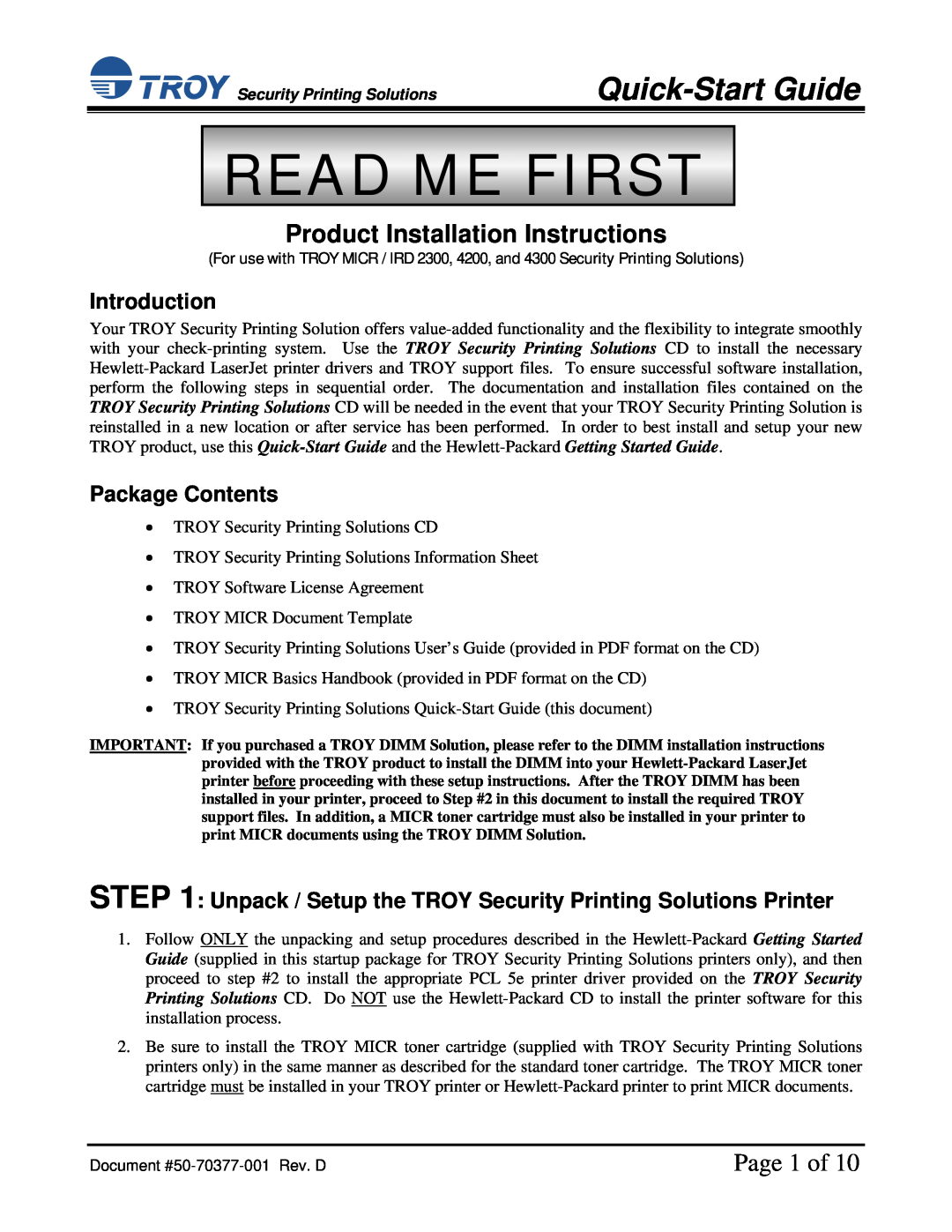 TROY Group IRD 4200 installation instructions Quick-Start Guide, Page 1 of, Introduction, Package Contents, Read Me First 