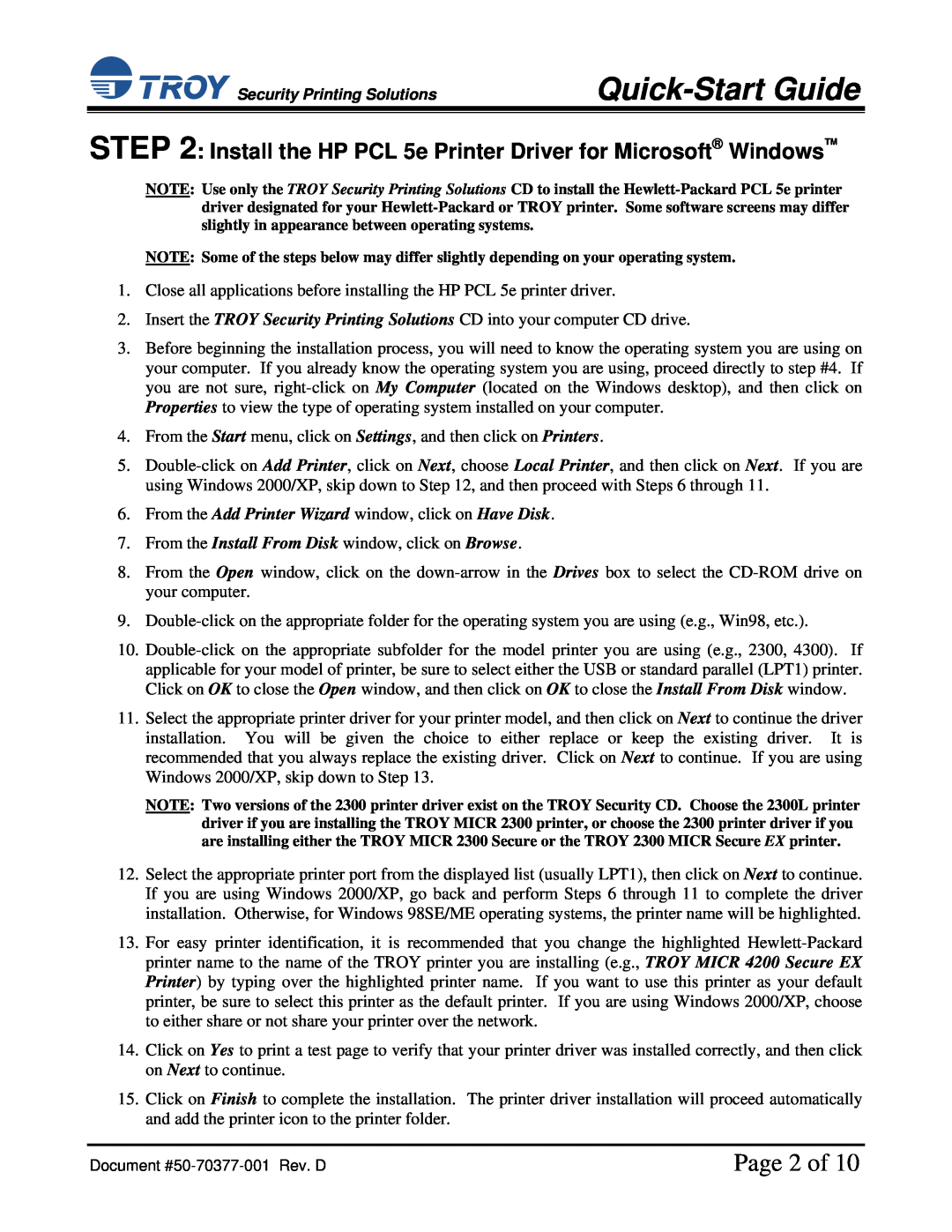 TROY Group IRD 4200 Page 2 of, Install the HP PCL 5e Printer Driver for Microsoft Windows, Quick-Start Guide 