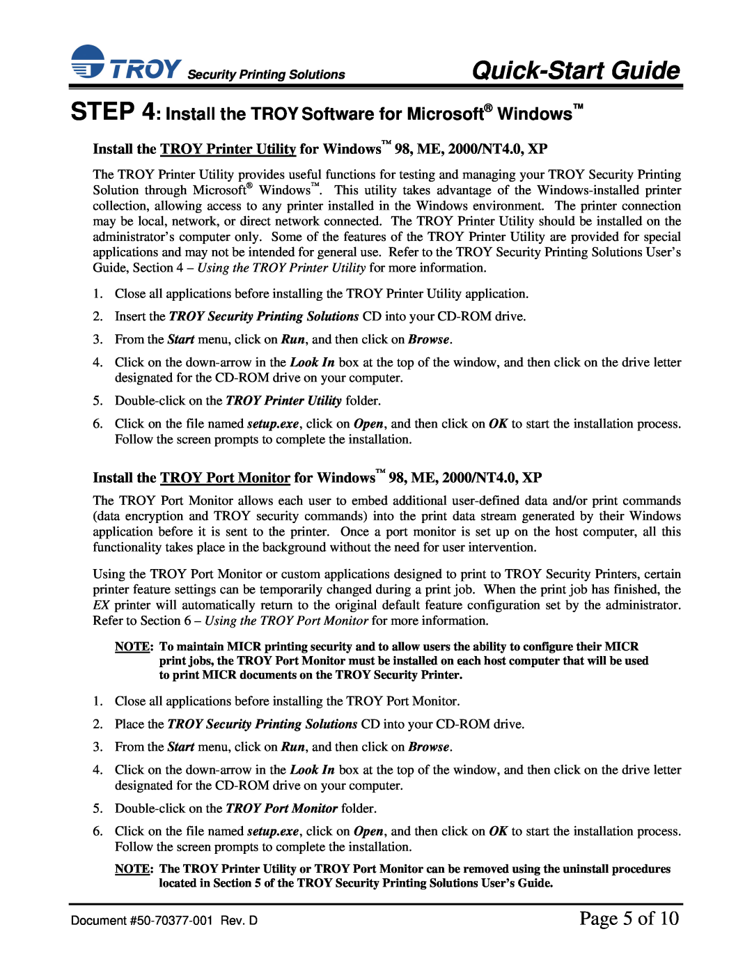 TROY Group IRD 4200 installation instructions Page 5 of, Install the TROY Software for Microsoft Windows, Quick-Start Guide 