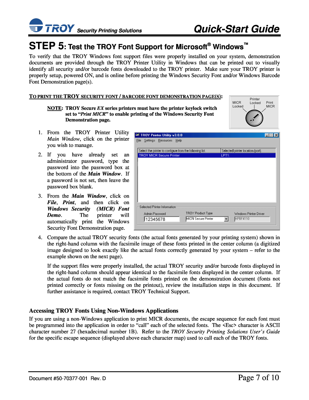 TROY Group IRD 4200 Page 7 of, Test the TROY Font Support for Microsoft Windows, Quick-Start Guide 
