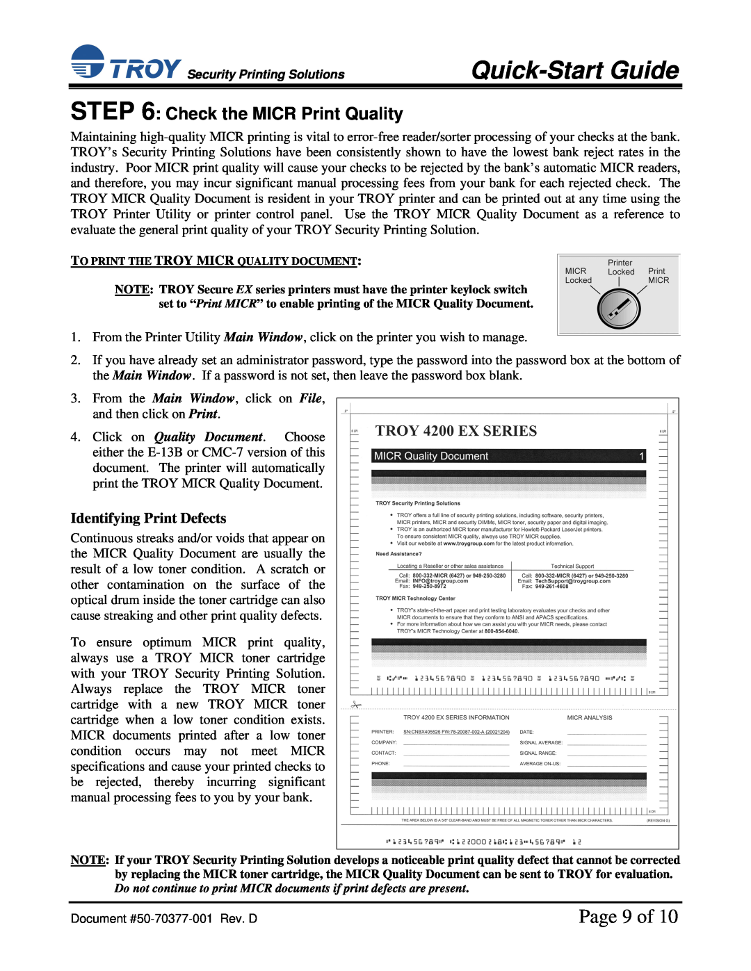 TROY Group IRD 4200 installation instructions Page 9 of, Check the MICR Print Quality, Quick-Start Guide 