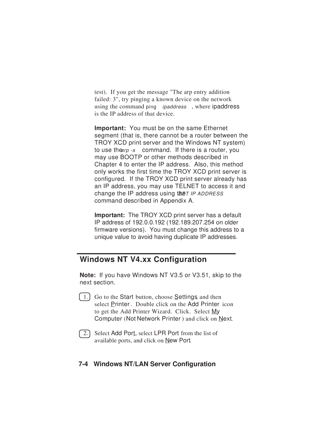 TROY Group MAN-EXT2000 manual Windows NT V4.xx Configuration 