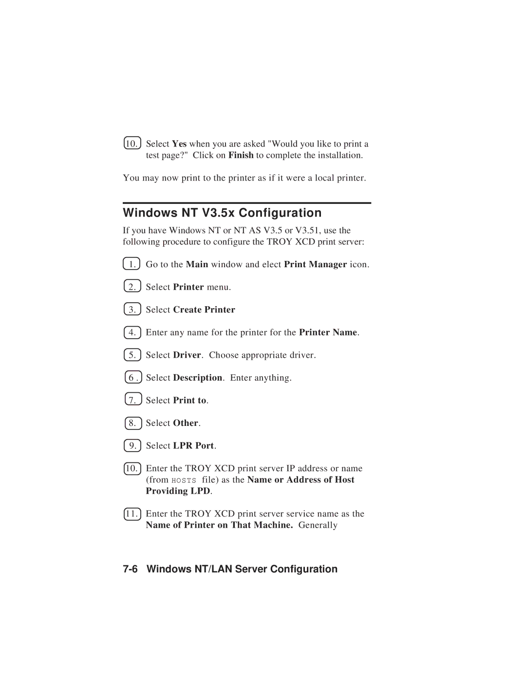 TROY Group MAN-EXT2000 manual Windows NT V3.5x Configuration, Select Create Printer 