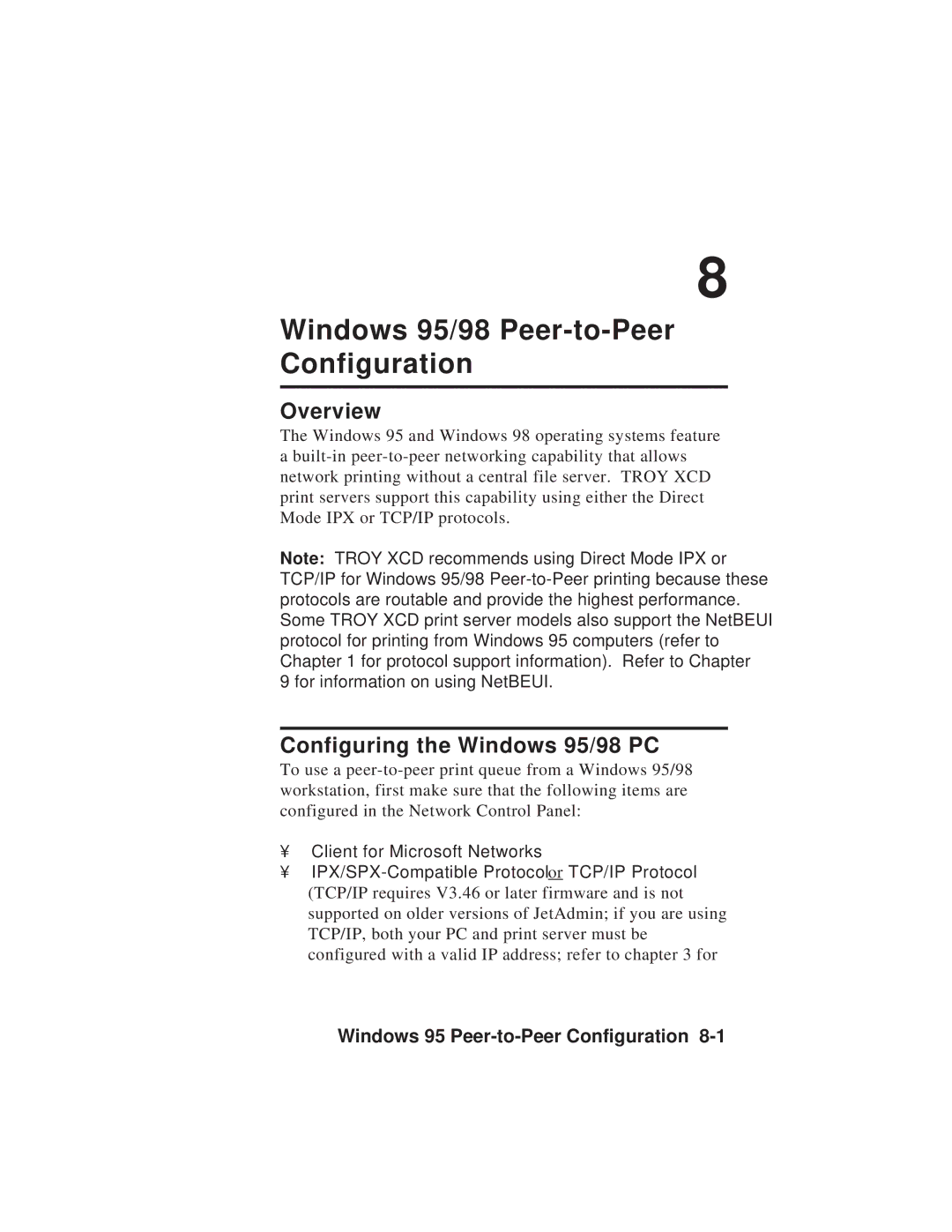 TROY Group MAN-EXT2000 manual Windows 95/98 Peer-to-Peer Configuration, Configuring the Windows 95/98 PC 