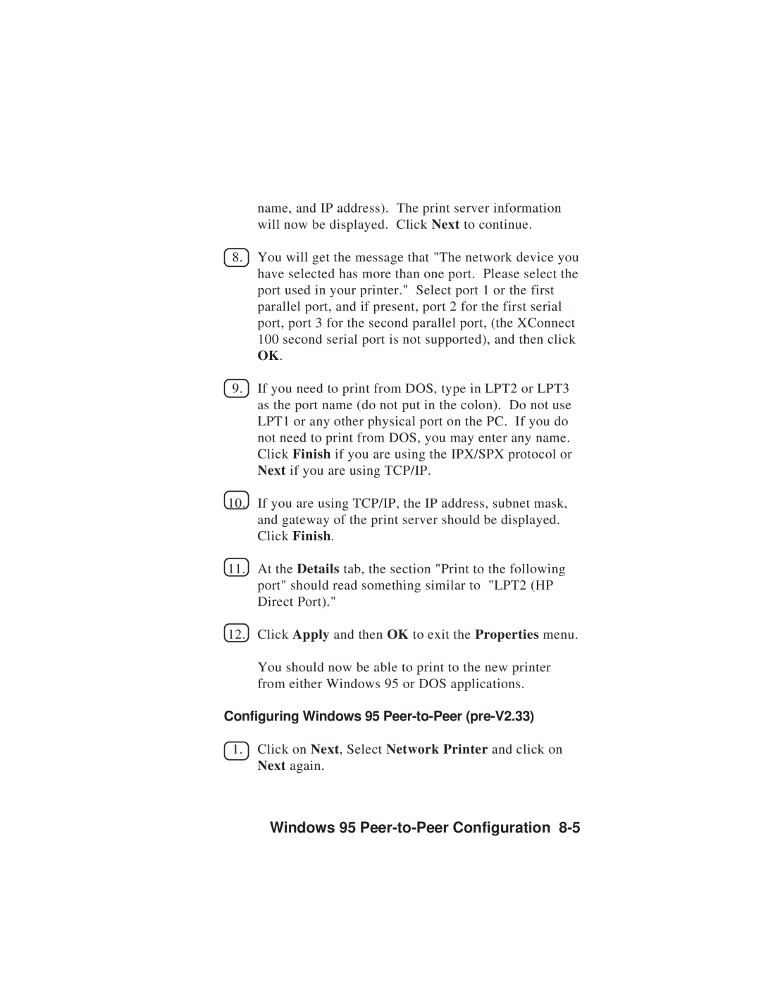 TROY Group MAN-EXT2000 manual Configuring Windows 95 Peer-to-Peer pre-V2.33 