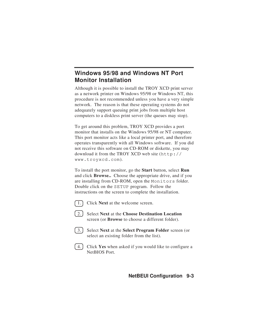 TROY Group MAN-EXT2000 manual Windows 95/98 and Windows NT Port Monitor Installation 