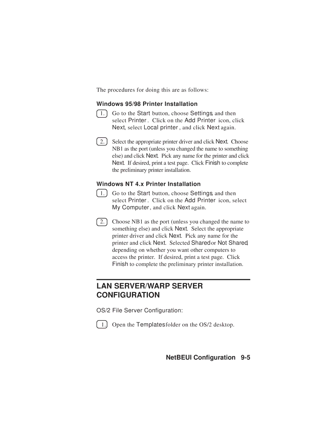 TROY Group MAN-EXT2000 manual Windows 95/98 Printer Installation, OS/2 File Server Configuration 