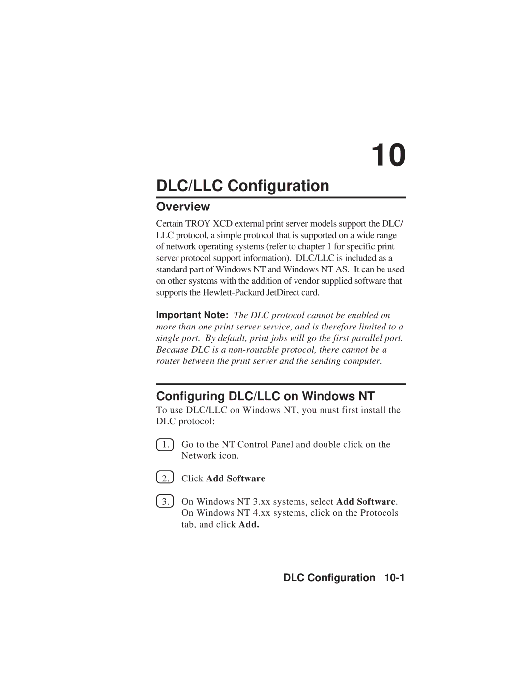 TROY Group MAN-EXT2000 DLC/LLC Configuration, Configuring DLC/LLC on Windows NT, DLC Configuration, Click Add Software 