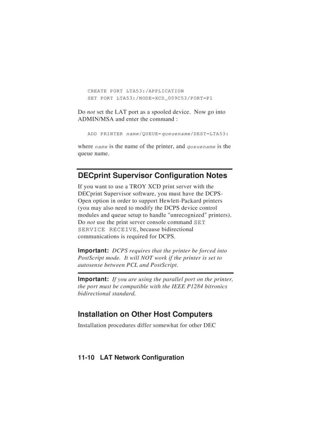 TROY Group MAN-EXT2000 manual DECprint Supervisor Configuration Notes, Installation on Other Host Computers 