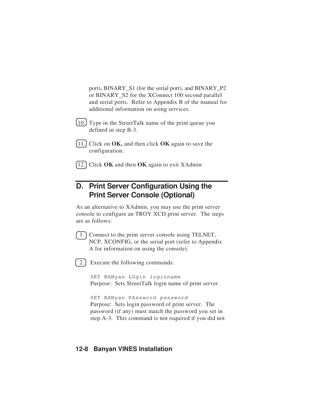 TROY Group MAN-EXT2000 manual Purpose Sets StreetTalk login name of print server 