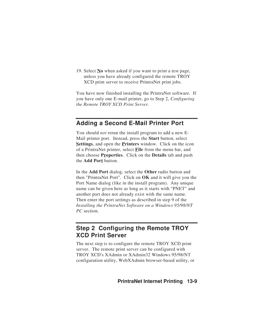 TROY Group MAN-EXT2000 manual Adding a Second E-Mail Printer Port, Configuring the Remote Troy XCD Print Server 