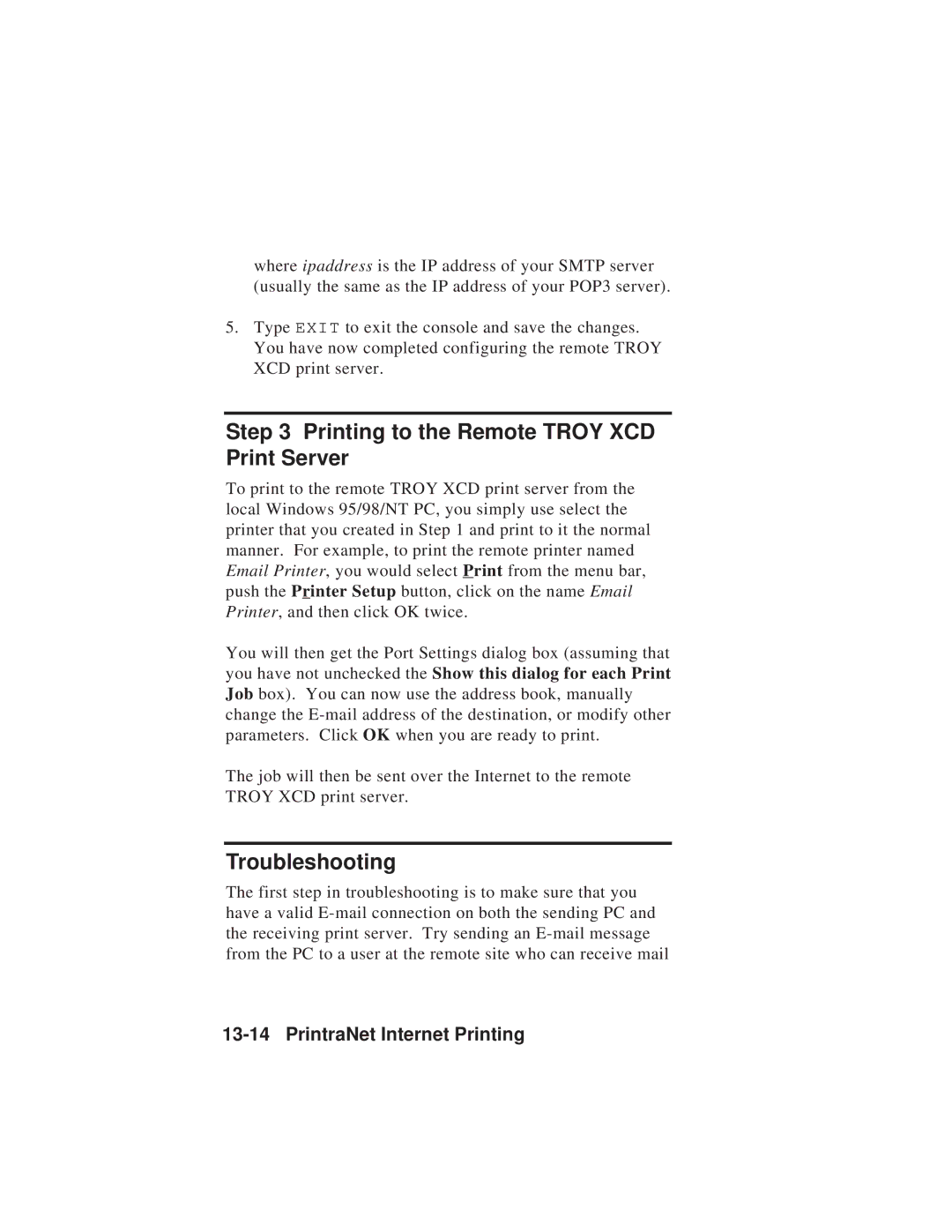 TROY Group MAN-EXT2000 manual Printing to the Remote Troy XCD Print Server, Troubleshooting 