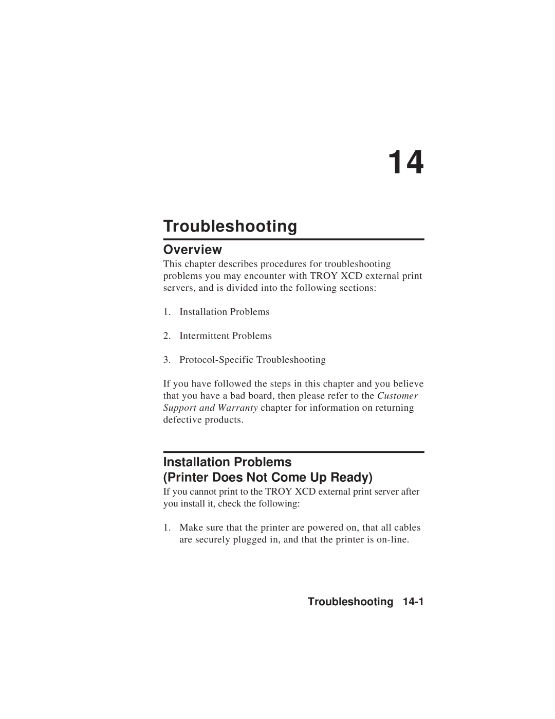 TROY Group MAN-EXT2000 manual Troubleshooting, Installation Problems Printer Does Not Come Up Ready 