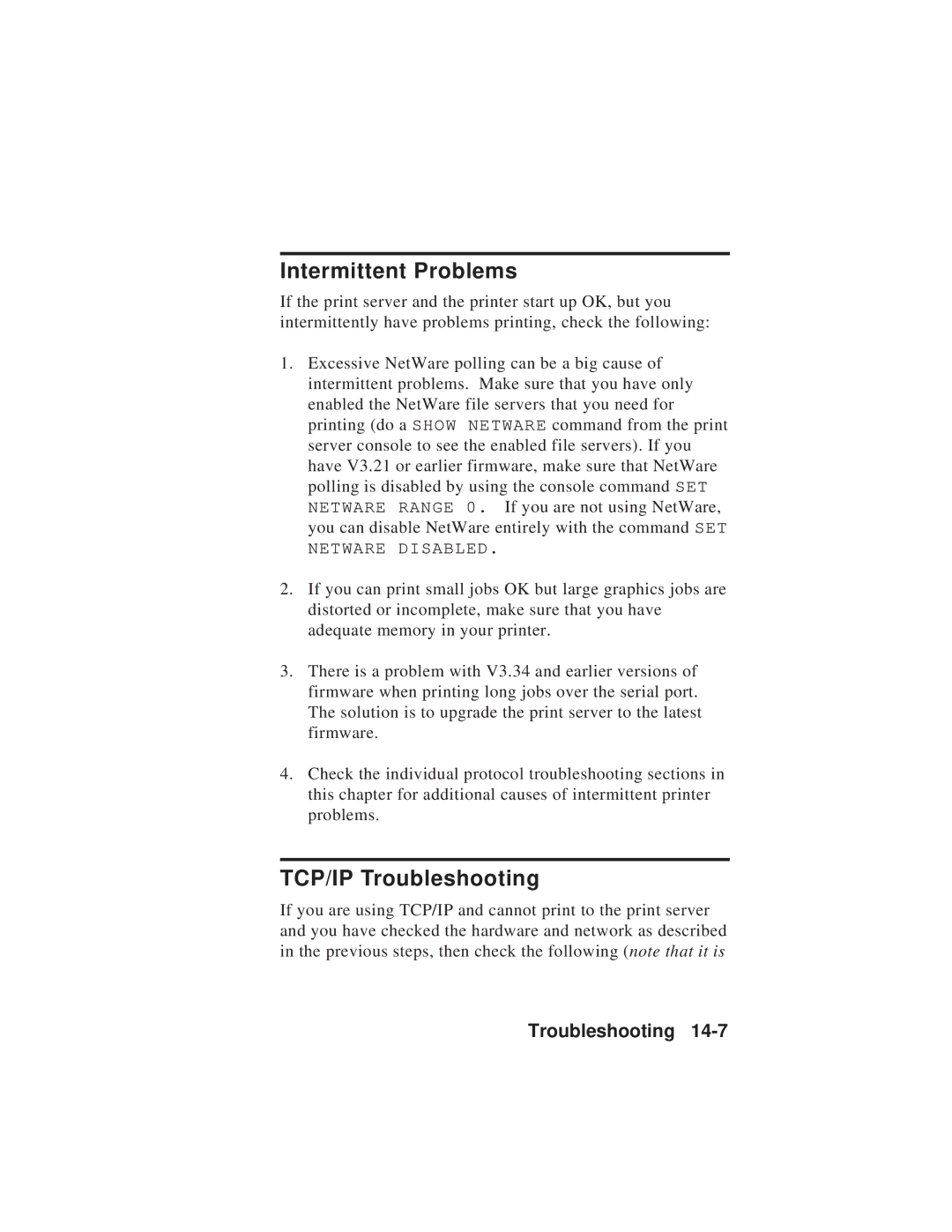 TROY Group MAN-EXT2000 manual Intermittent Problems, TCP/IP Troubleshooting 