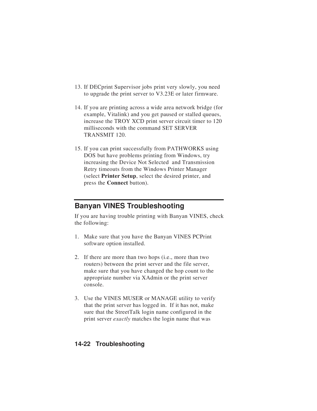 TROY Group MAN-EXT2000 manual Banyan Vines Troubleshooting 