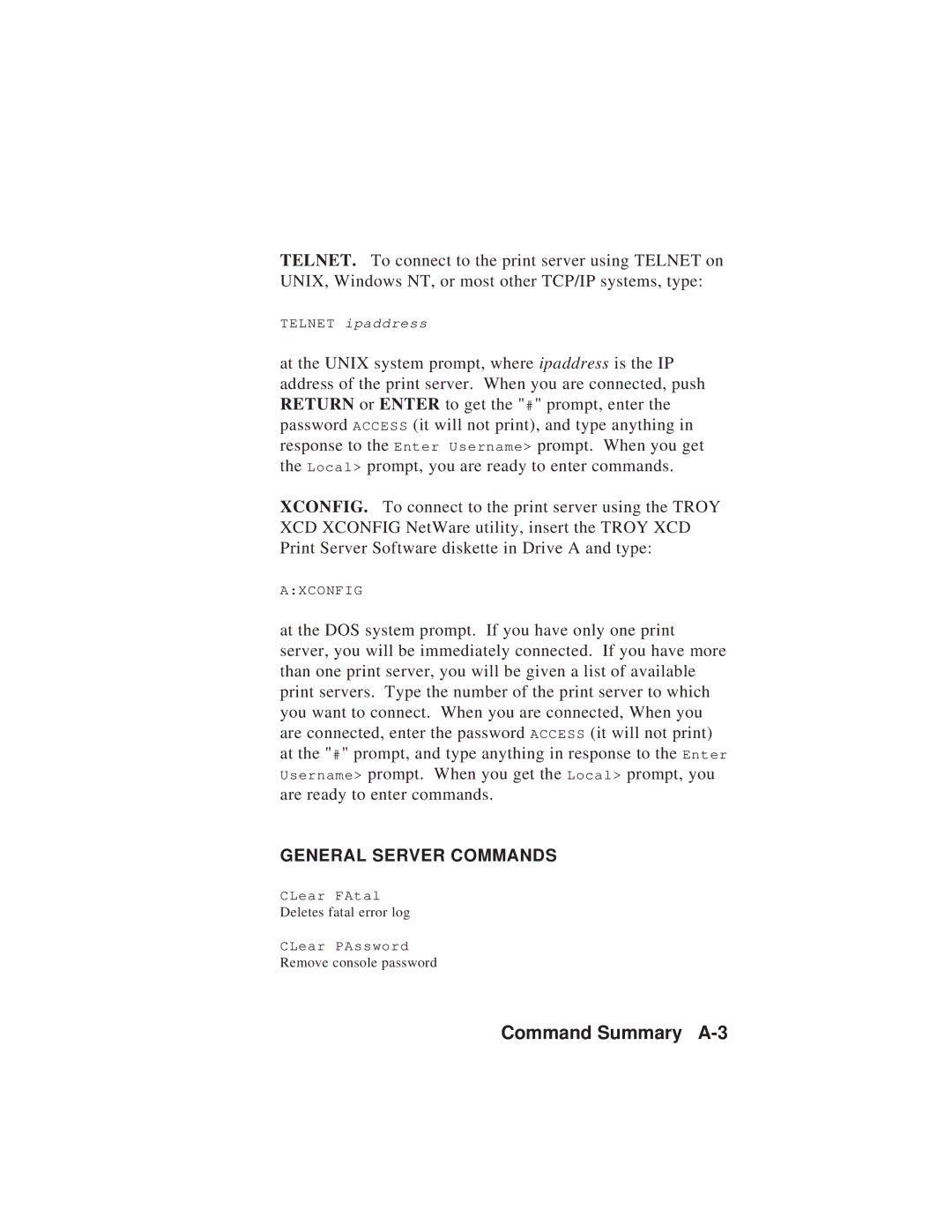 TROY Group MAN-EXT2000 manual Command Summary A-3 