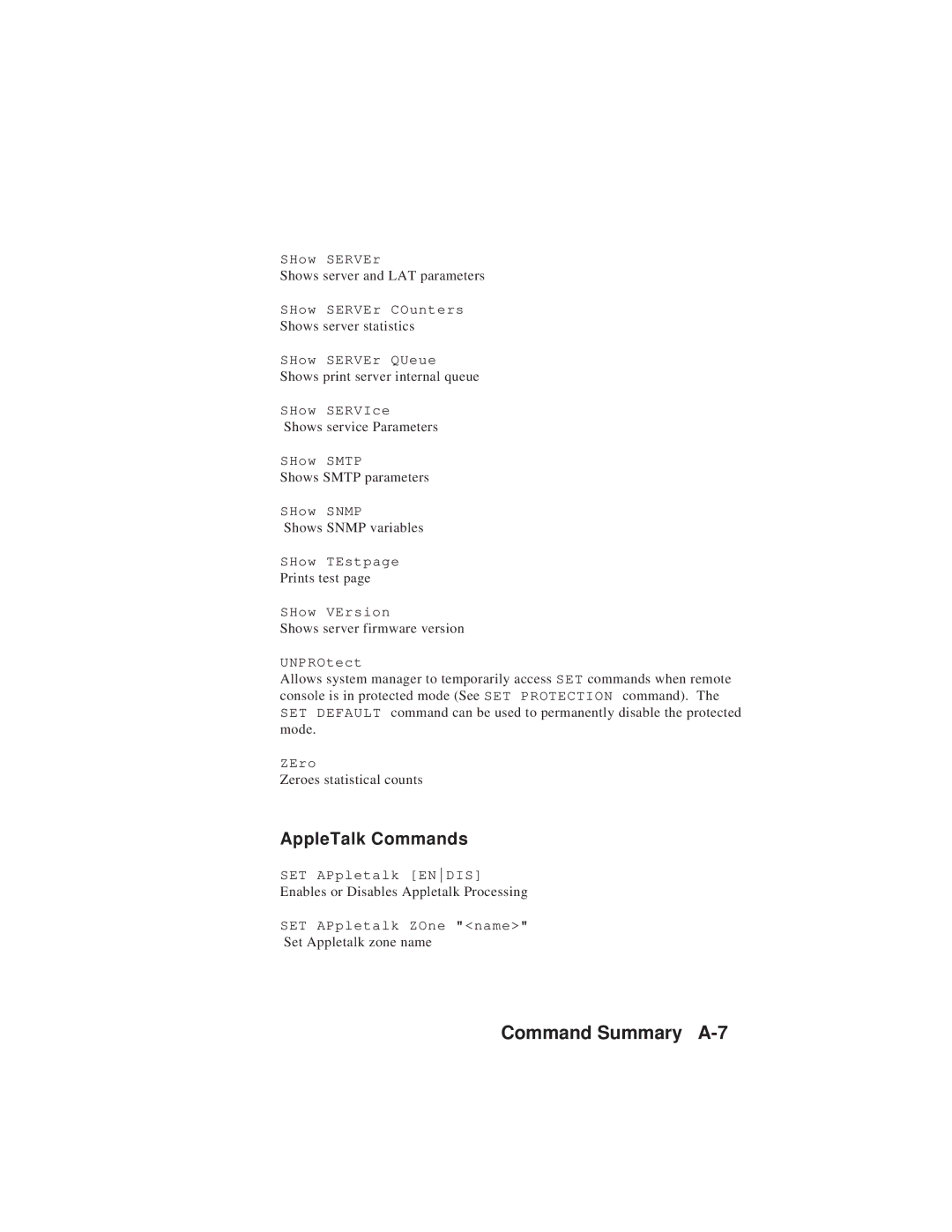 TROY Group MAN-EXT2000 manual Command Summary A-7, AppleTalk Commands 