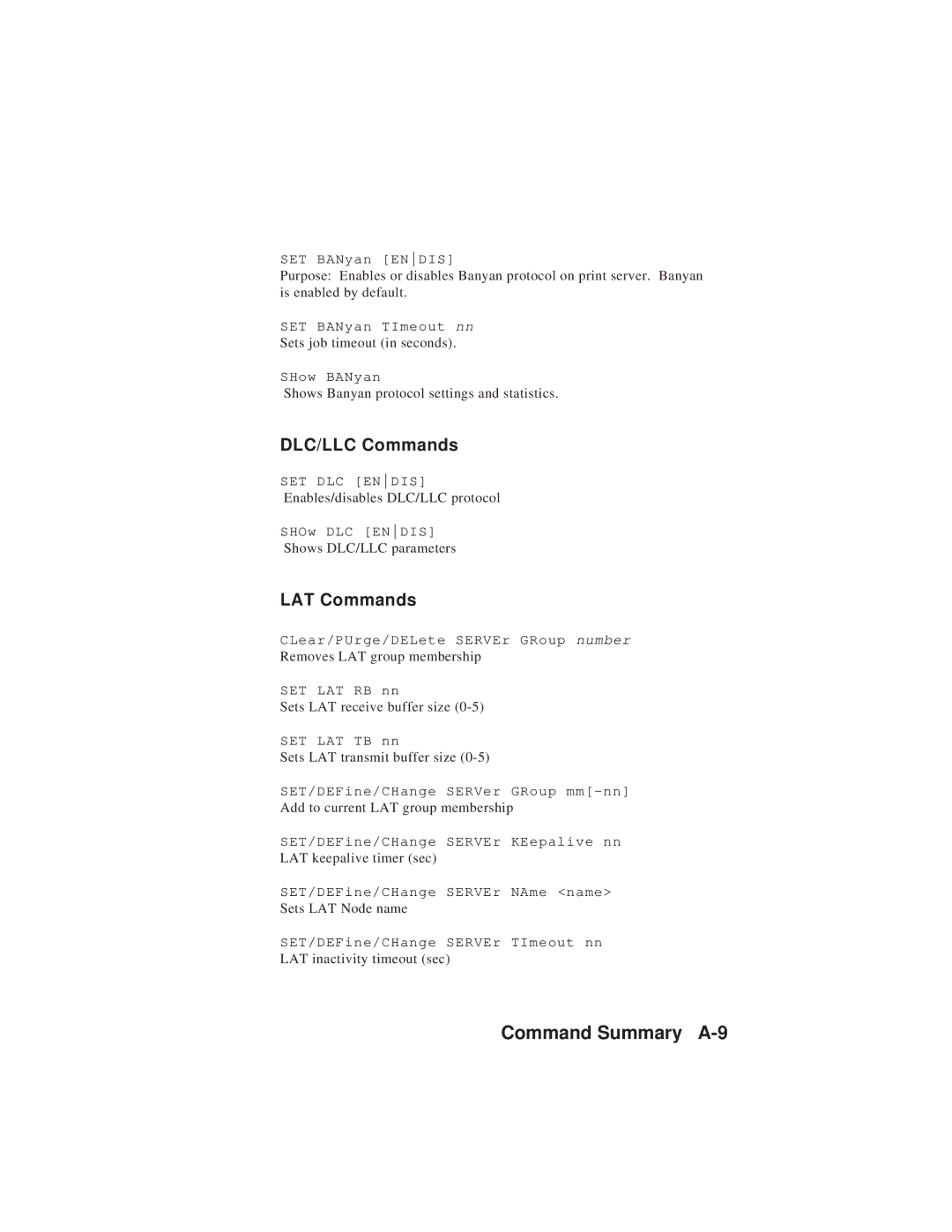 TROY Group MAN-EXT2000 manual Command Summary A-9, LAT Commands 