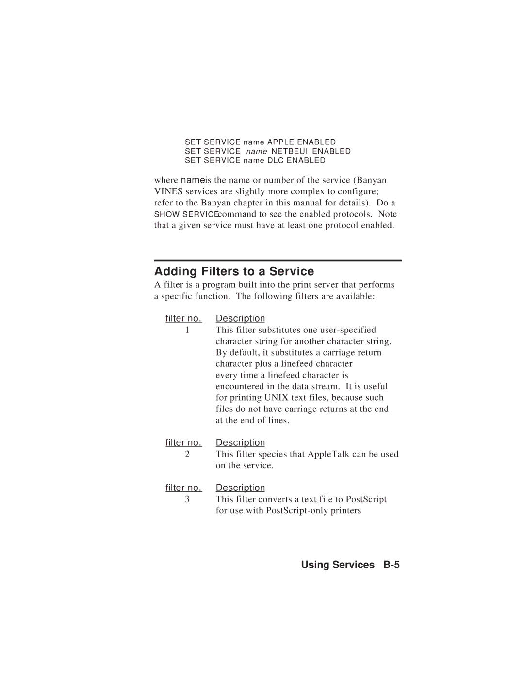 TROY Group MAN-EXT2000 manual Adding Filters to a Service, Using Services B-5, Filter no. Description 