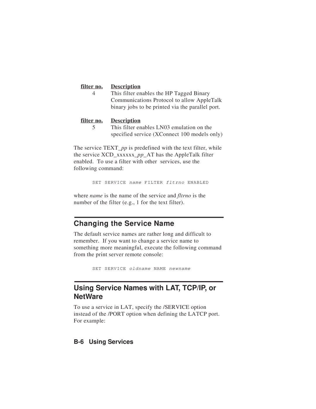 TROY Group MAN-EXT2000 manual Changing the Service Name, Using Service Names with LAT, TCP/IP, or NetWare 