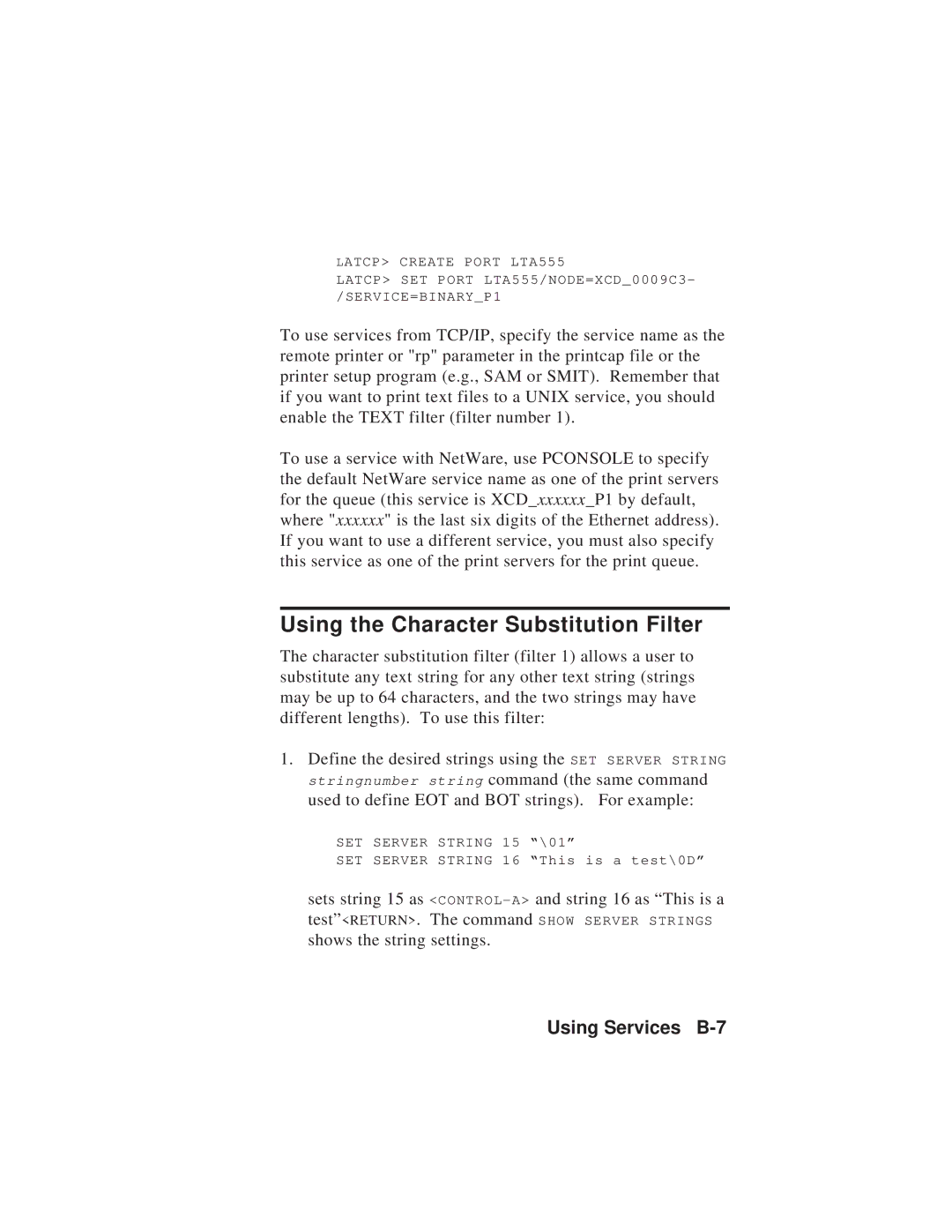 TROY Group MAN-EXT2000 manual Using the Character Substitution Filter, Using Services B-7 