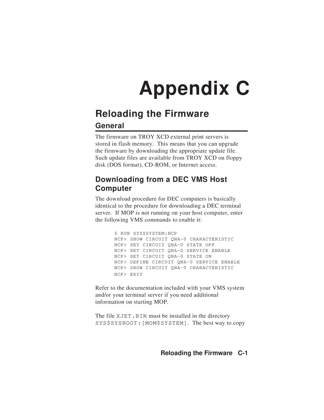 TROY Group MAN-EXT2000 manual Reloading the Firmware, General, Downloading from a DEC VMS Host Computer 