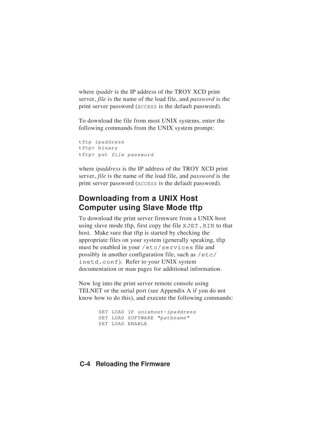 TROY Group MAN-EXT2000 manual Downloading from a Unix Host Computer using Slave Mode tftp 