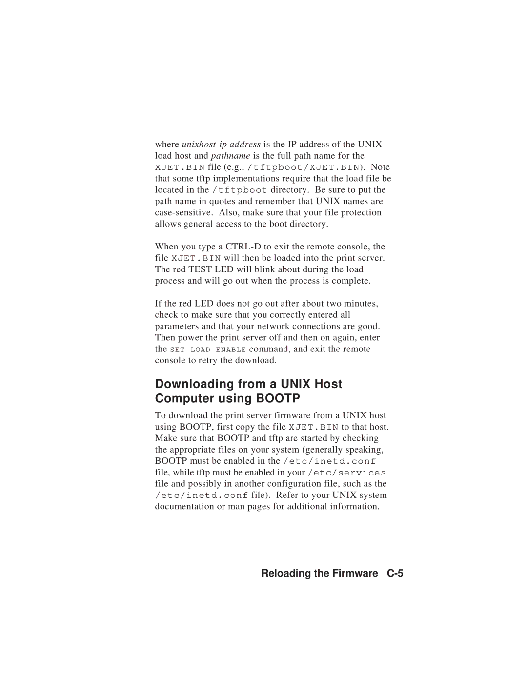 TROY Group MAN-EXT2000 manual Downloading from a Unix Host Computer using Bootp, Reloading the Firmware C-5 