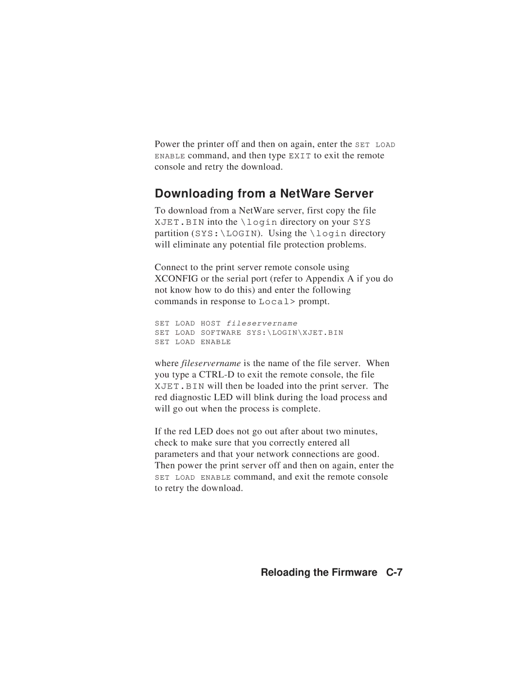 TROY Group MAN-EXT2000 manual Downloading from a NetWare Server, Reloading the Firmware C-7 