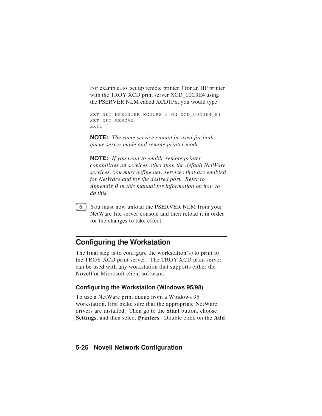 TROY Group MAN-EXT2000 manual Configuring the Workstation Windows 95/98 