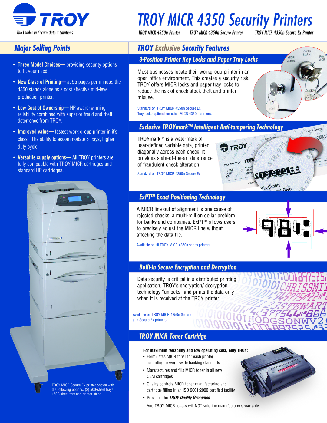 TROY Group MICR 4350n warranty Position Printer Key Locks and Paper Tray Locks, ExPT Exact Positioning Technology 