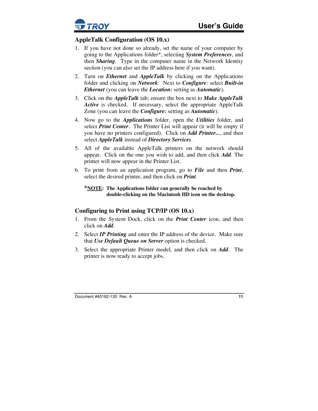 TROY Group PocketBasic manual AppleTalk Configuration OS, Configuring to Print using TCP/IP OS 