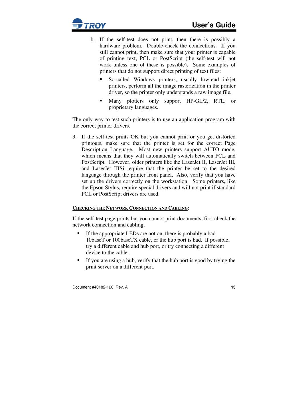 TROY Group PocketBasic manual Checking the Network Connection and Cabling 