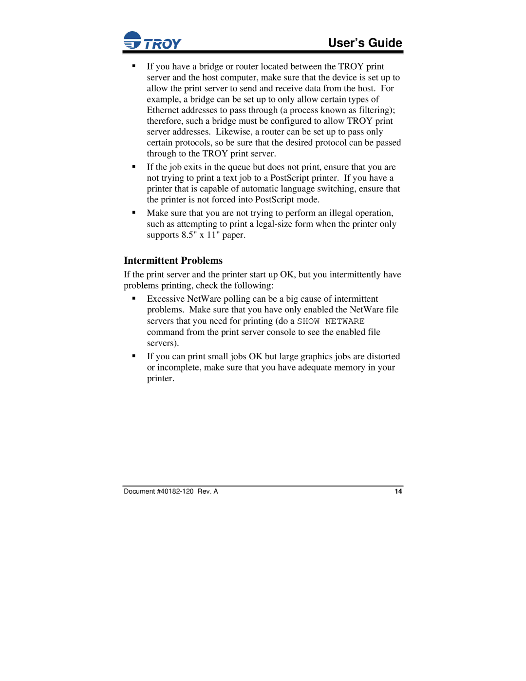 TROY Group PocketBasic manual Intermittent Problems 