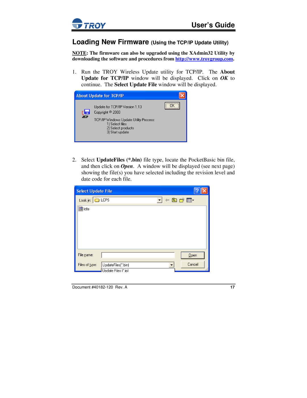 TROY Group PocketBasic manual Loading New Firmware Using the TCP/IP Update Utility 