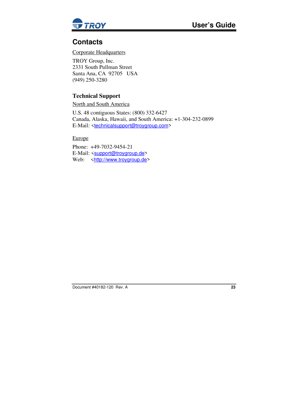 TROY Group PocketBasic manual User’s Guide Contacts 