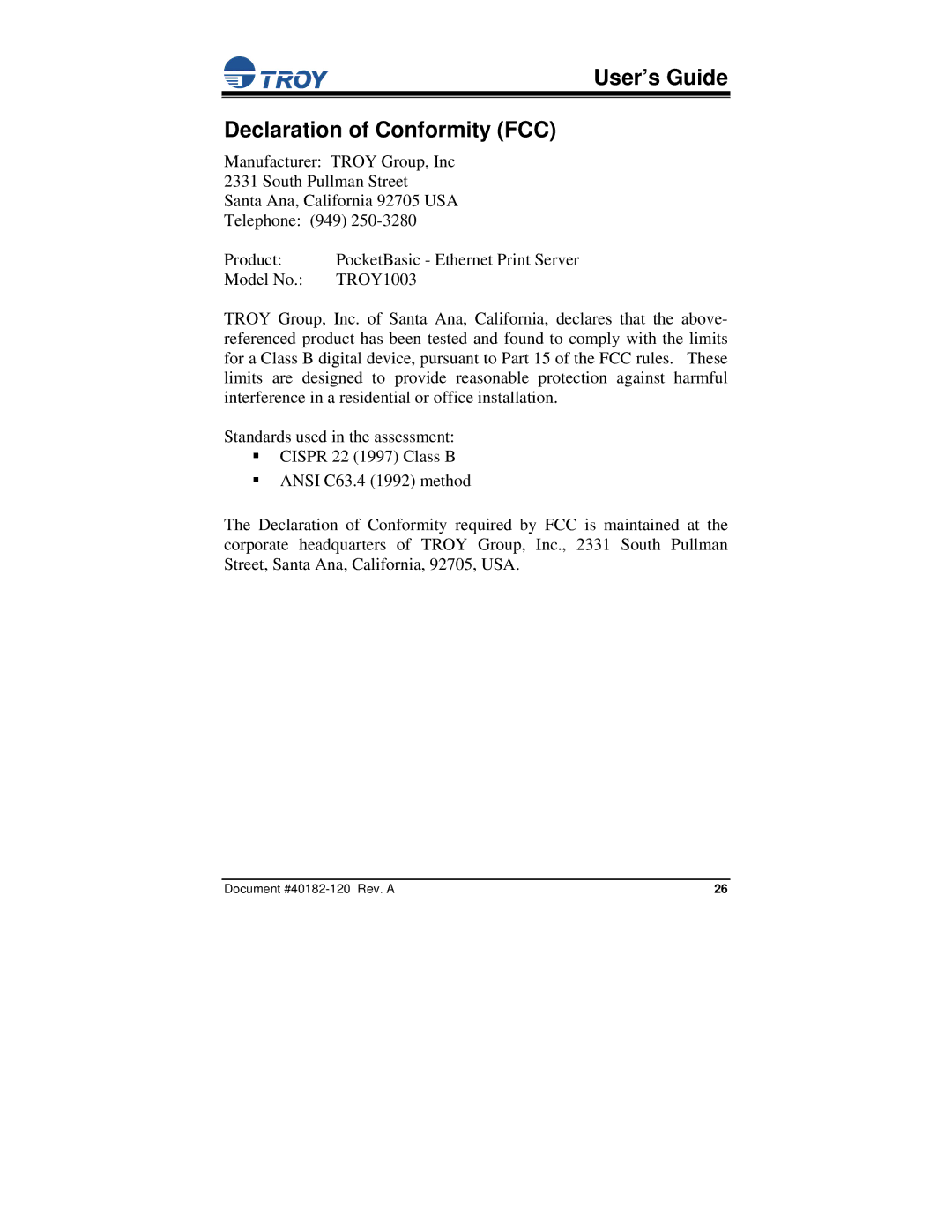 TROY Group PocketBasic manual User’s Guide Declaration of Conformity FCC 