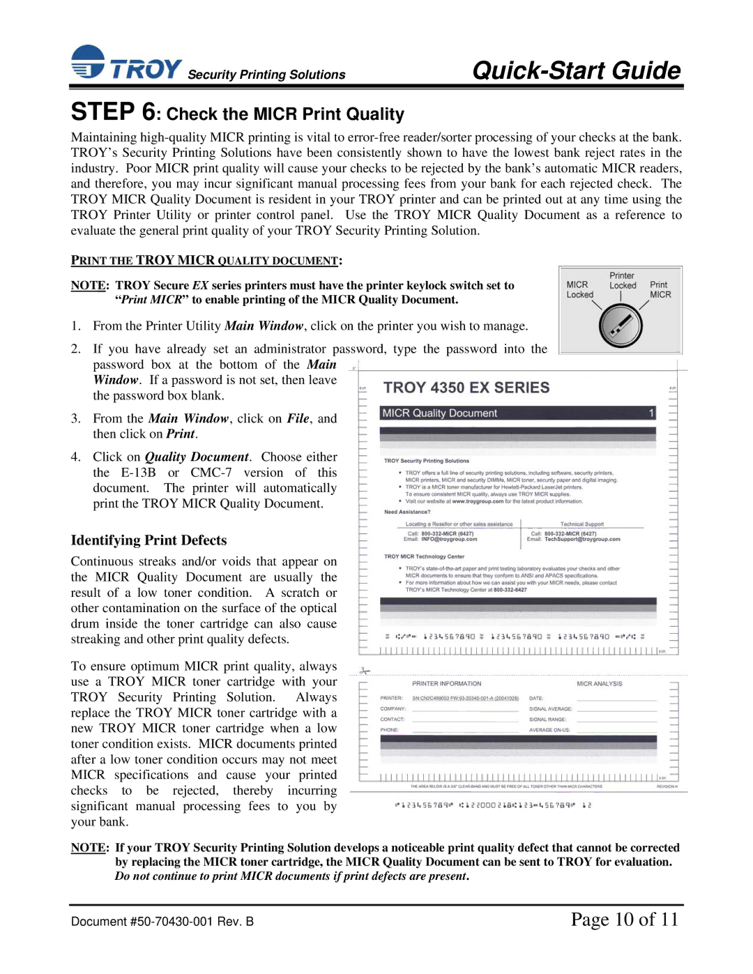 TROY Group TROY IRD 3005 installation instructions Check the Micr Print Quality, Identifying Print Defects 