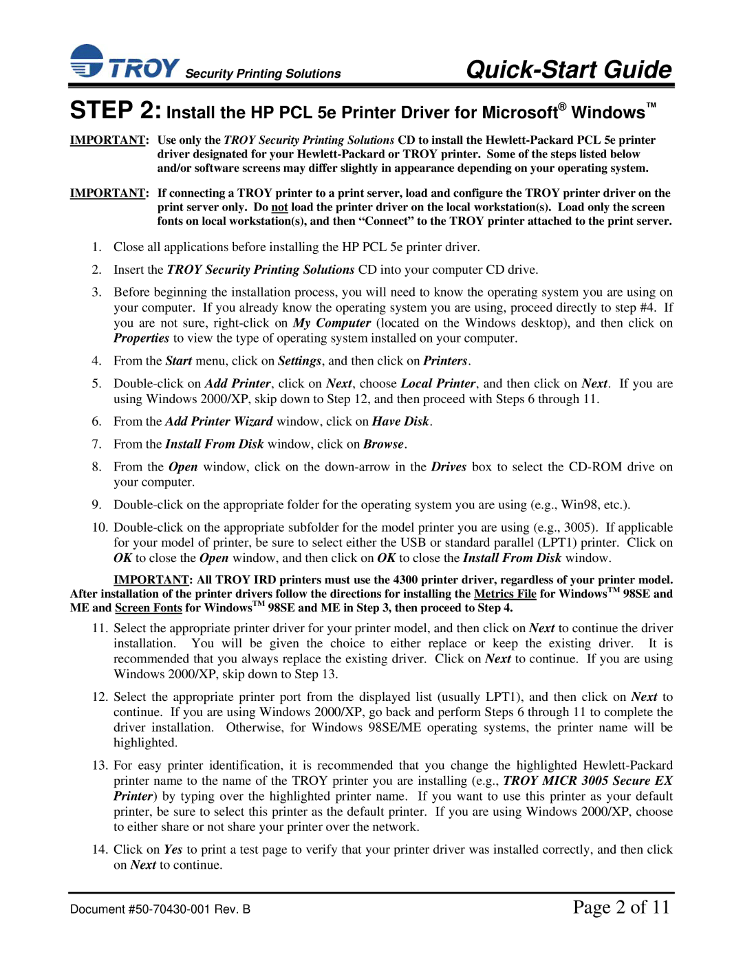 TROY Group TROY IRD 3005 installation instructions Install the HP PCL 5e Printer Driver for Microsoft Windows 