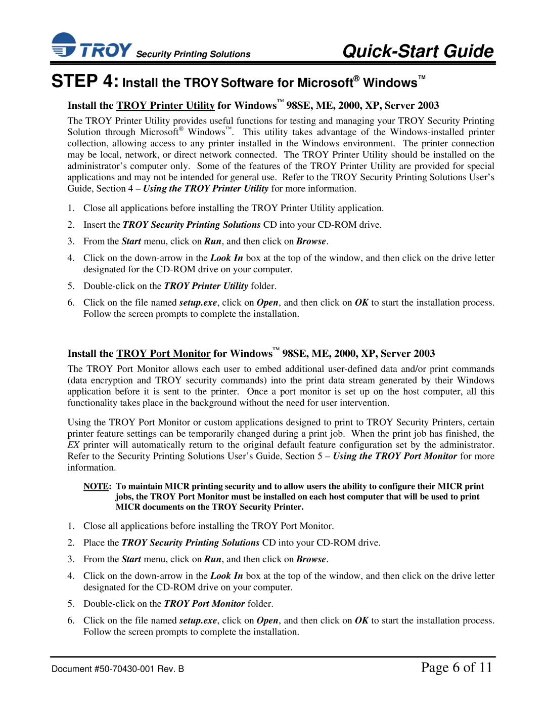 TROY Group TROY IRD 3005 installation instructions Install the Troy Software for Microsoft Windows 