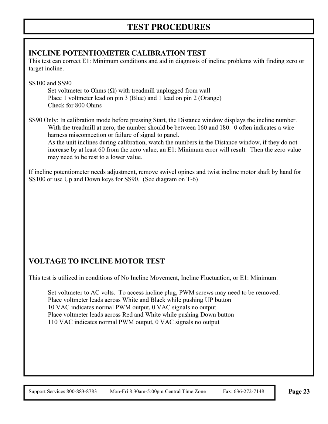 True Fitness 350-750 manual Incline Potentiometer Calibration Test 