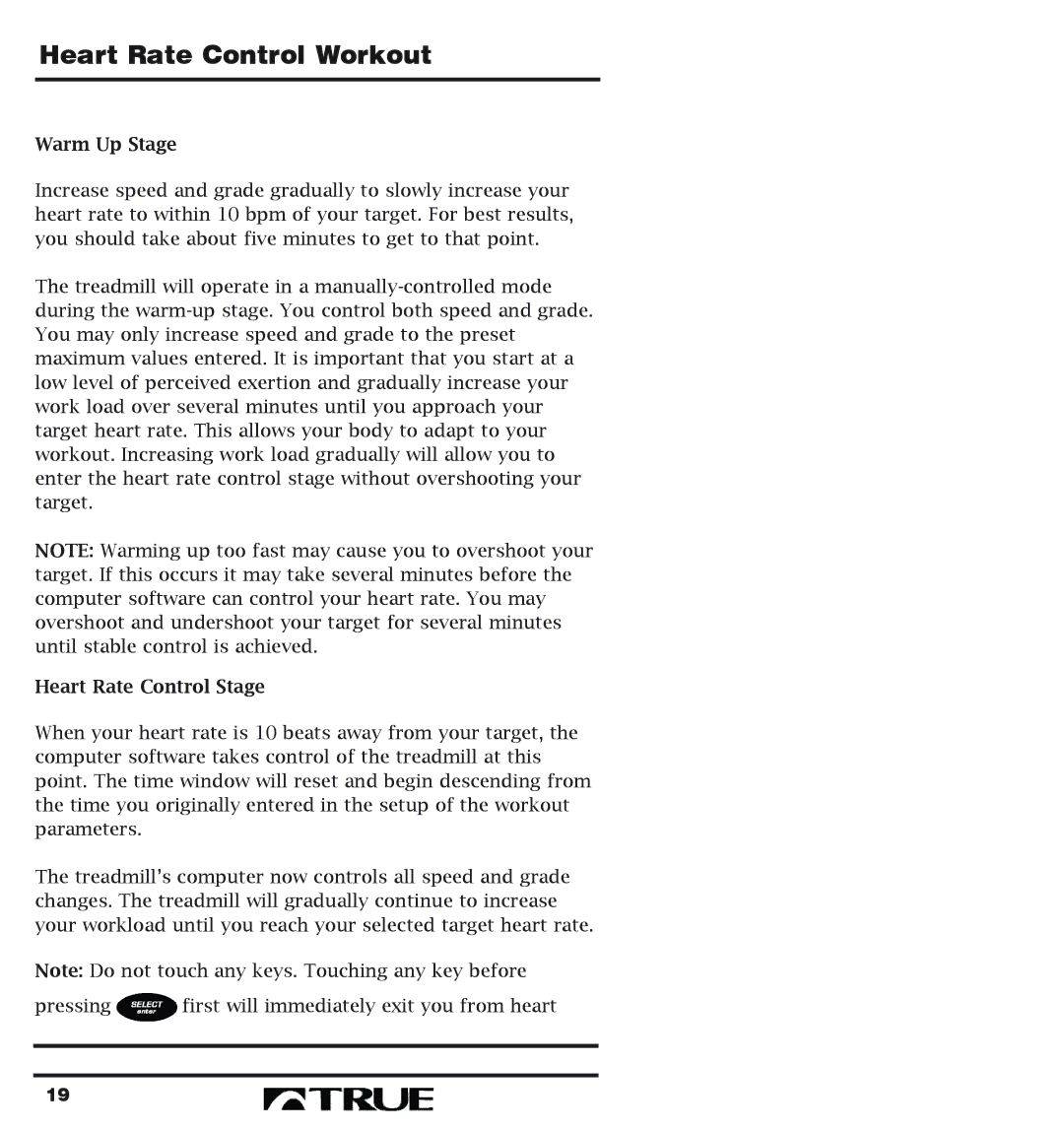 True Fitness 400 Series manual Warm Up Stage, Heart Rate Control Stage 