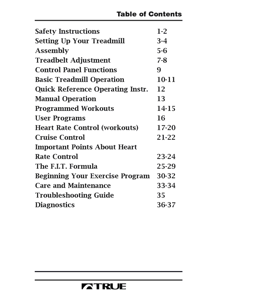 True Fitness 400 Series manual Table of Contents 