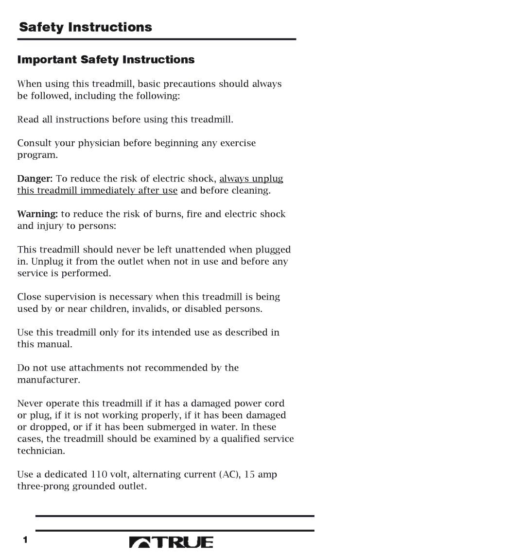 True Fitness 400 Series manual Important Safety Instructions 